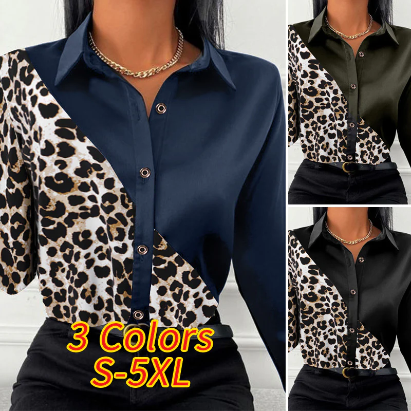 deanwangkt ZANZEA Autumn Women Full Sleeve Blouse Blusa Leopard stitching Lapel Chemise Bohemian Fashion Elegant Work OL Party Retro Tops - Deanwangkt