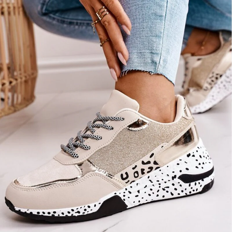 deanwangkt Women's Sneakers Platform Casual Shoes Women Vulcanize Shoes Leopard Ladies Running Shoes Sport Silver Lace-Up Female Sneakers - Deanwangkt
