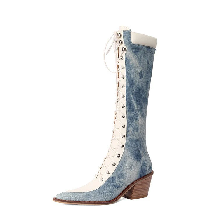 deanwangkt  Autumn Shoes   Autumn Boots Women Jean Shoes for Women Pointed Toe Chunky Heel Western Boots Knee-High Boots Denim Boots казаки женские обувь - Deanwangkt