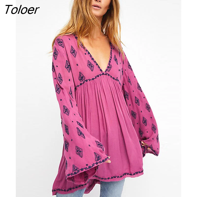 deanwangkt V-Neck Long Sleeve Spring Summer Shirt Blouse Women Diamond Embroidered Top Blusa Big Hem Casual Beach Top Shirts Blouses - Deanwangkt