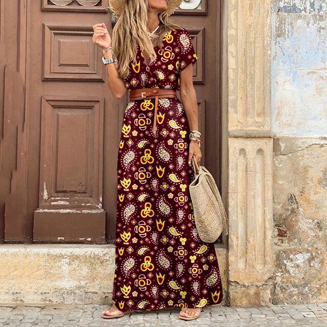 Retro Maxi Dress Women V Neck Short Sleeve Dress Female Floral Print Belt Beach Holiday Long Split Dresses Ladies Elegant Robe - Deanwangkt
