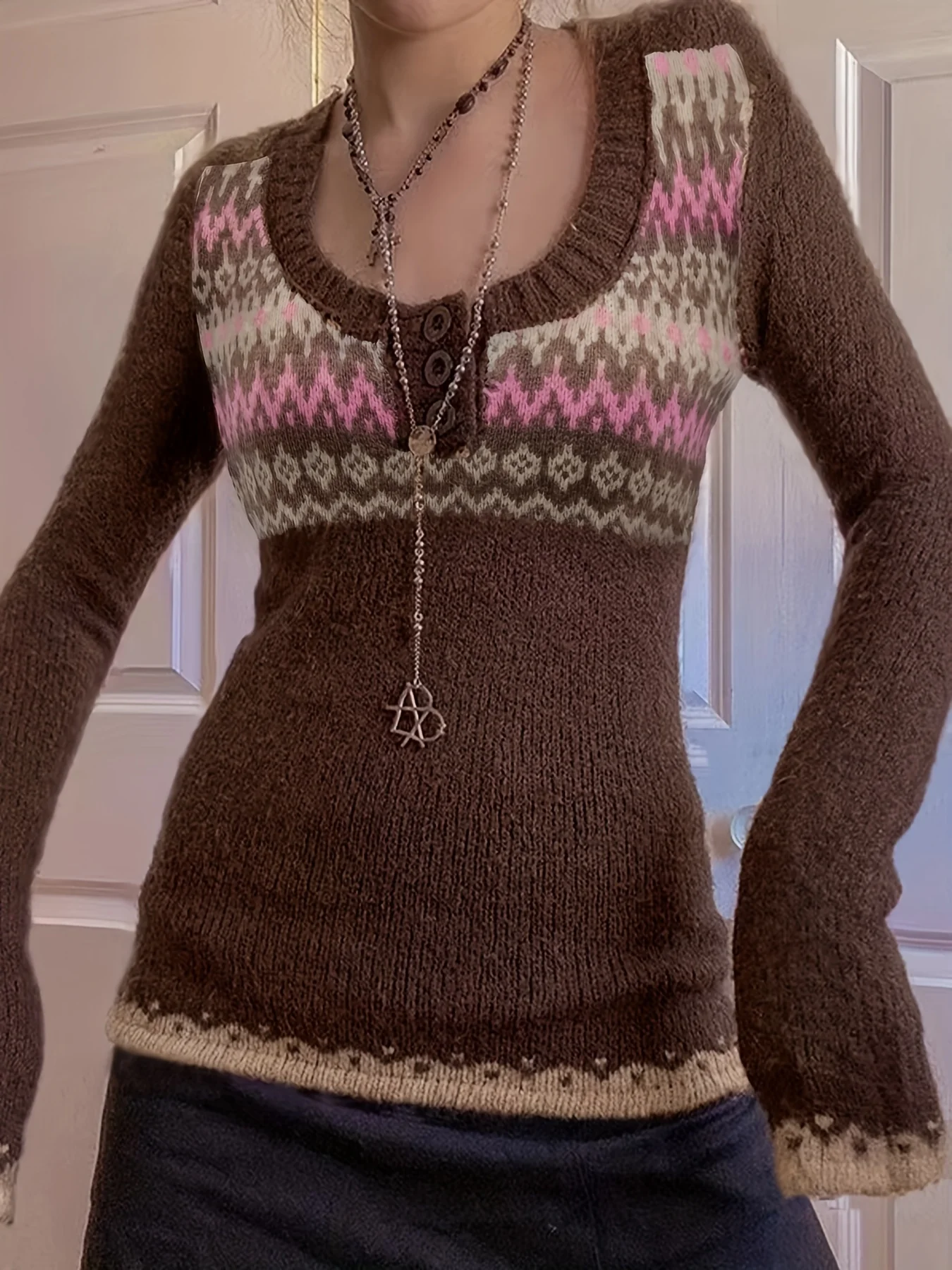 deanwangkt  Y2K Ethnic Pattern Pullover Sweater, Button Scoop Neck Long Sleeve Slim Sweater, Women's Clothing - Deanwangkt