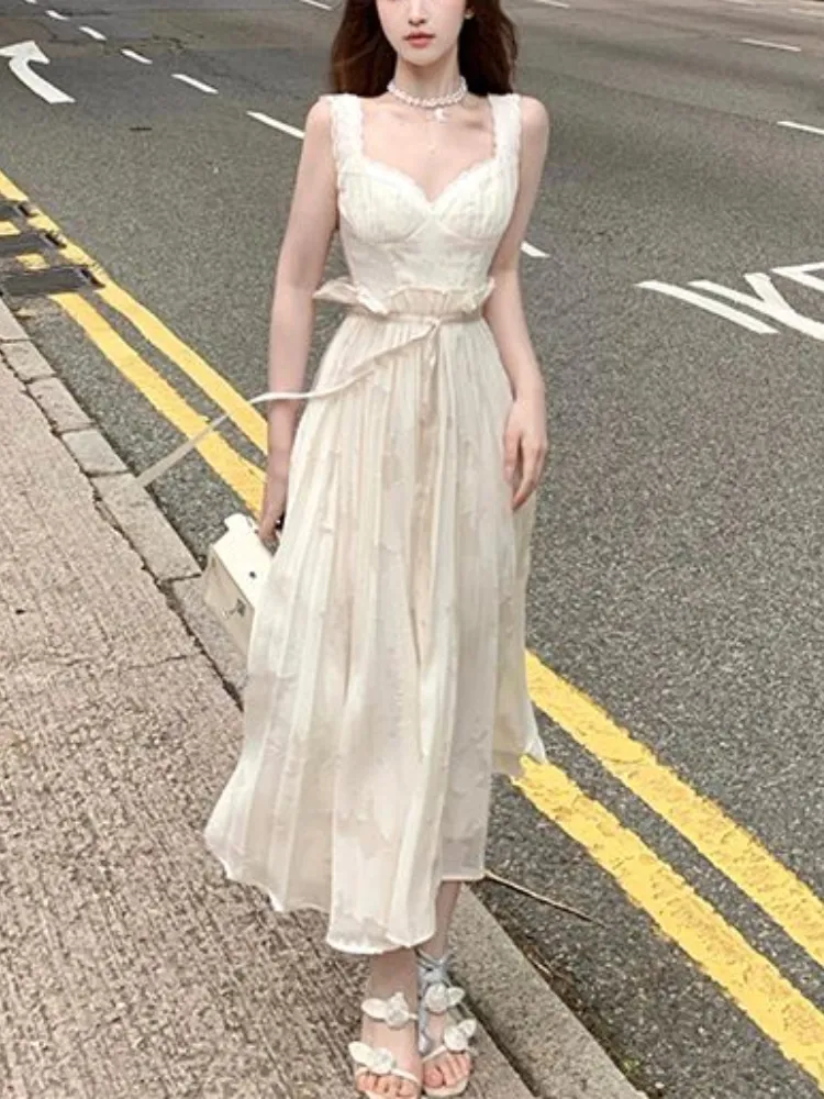 Joskka  Summer Pure Color Elegant Mini Dress Women Strap Lace Short Party Dress Office Lady Sleeveless One Piece Dress Korean Chic - Deanwangkt