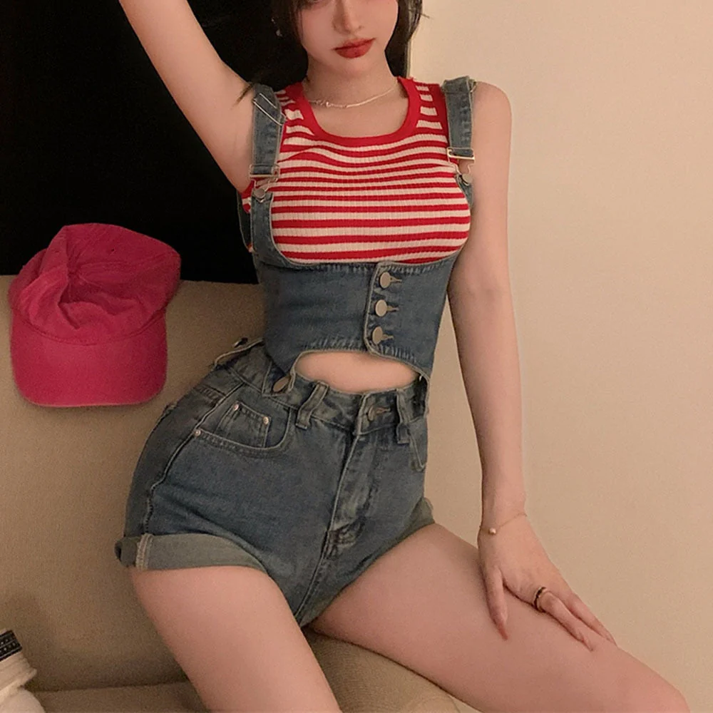 deanwangkt Overalls Jeans XL Denim Pants Pocket Button Casual Sling Shorts Jumpsuit Skinny Trousers Strap Buttons Bib Suspenders For Women - Deanwangkt
