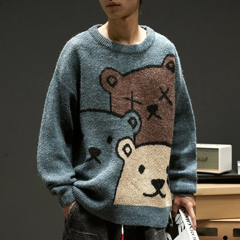 deanwangkt Cartoon Bear Sweater Men's Winter Men's Women's Fashion Long-Sleeved Knitted Pullover Sweater Oversized  New Cotton Coat - Deanwangkt