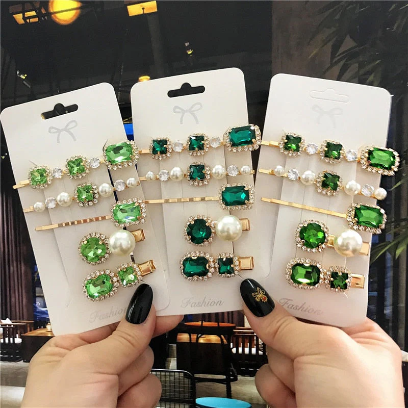 deanwangkt  New Green Crystal Hair Clip Hairpins for Women Fashion Simulated Pearl Hair Accessories Set Luxury Wedding Female Ornaments - Deanwangkt