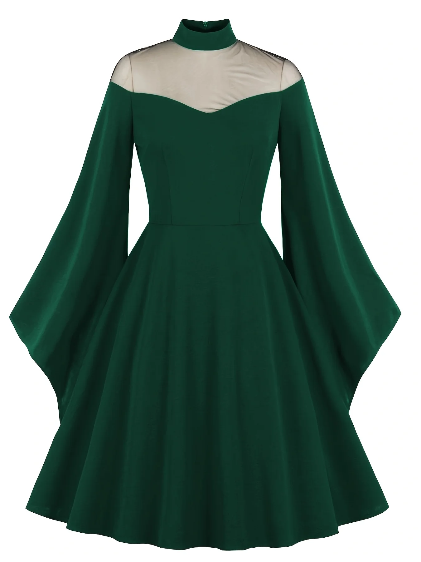 Plus Size Halloween Gothic Dress, Women's Plus Contrast Mesh Bell Sleeve High Neck Swing Party Dress - Deanwangkt