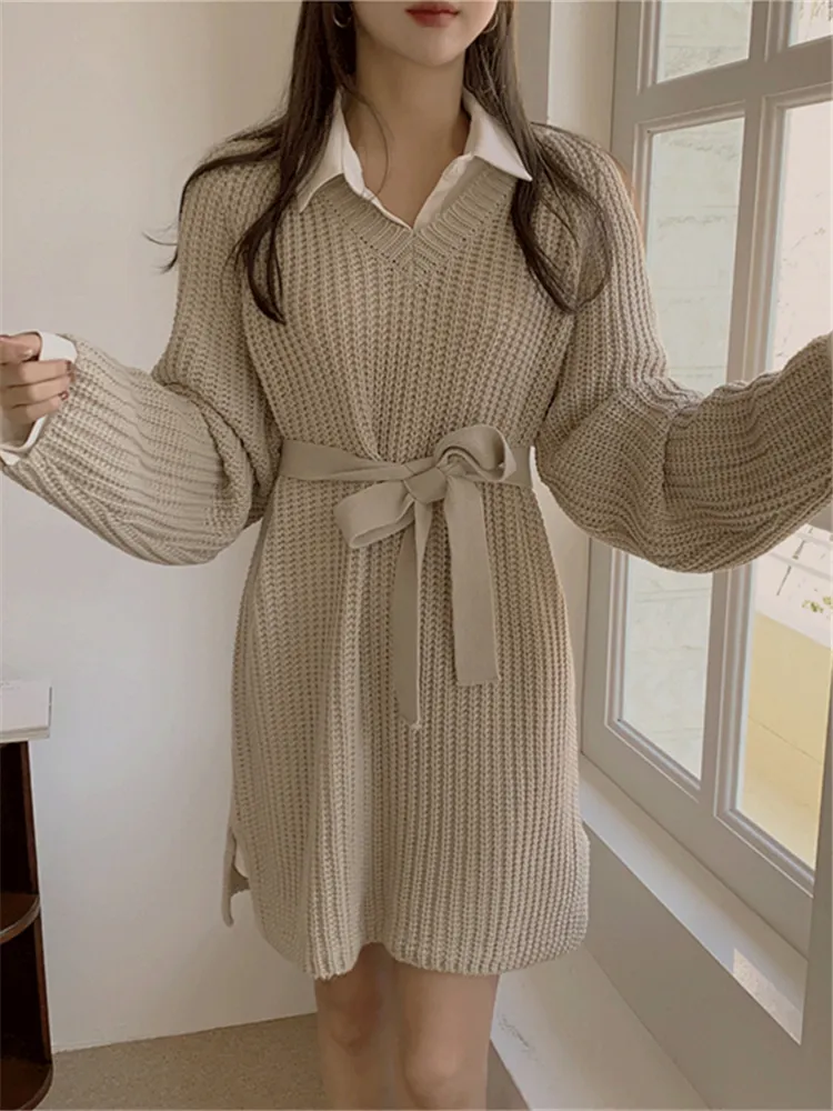 Joskka  New Knitting Korean Fashion Chic Elegant High Waist Vintage Oversized Lady Lace Up Women Autumn Winter Mini Dresses - Deanwangkt