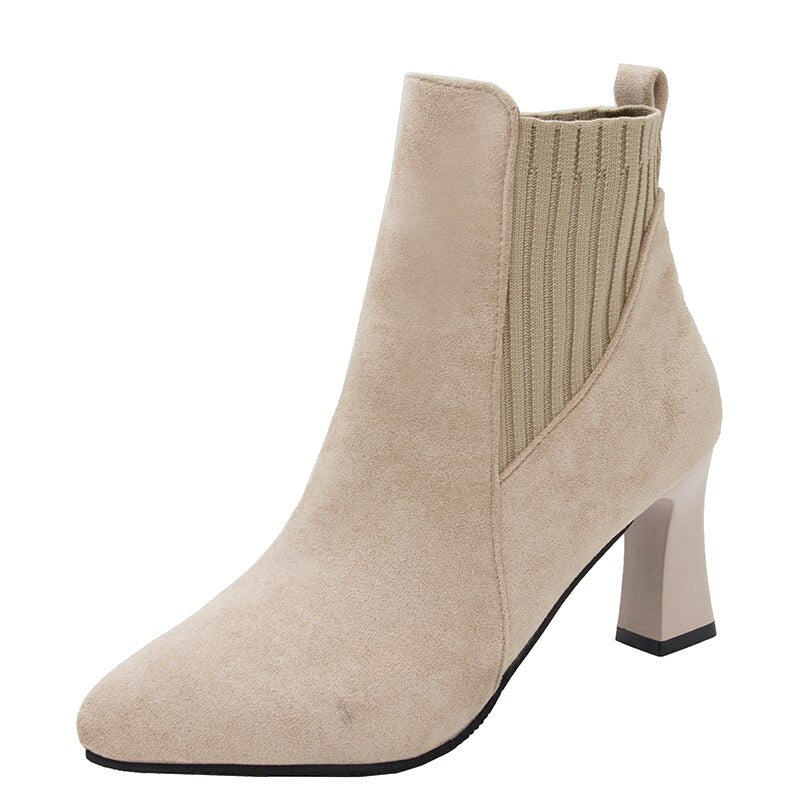 deanwangkt Autumn Winter Women Boots Elastic Ankle Boots Pointed Toe Thick Heel High Heels Shoes Woman Female Plus Fleece Warm Socks Boots - Deanwangkt