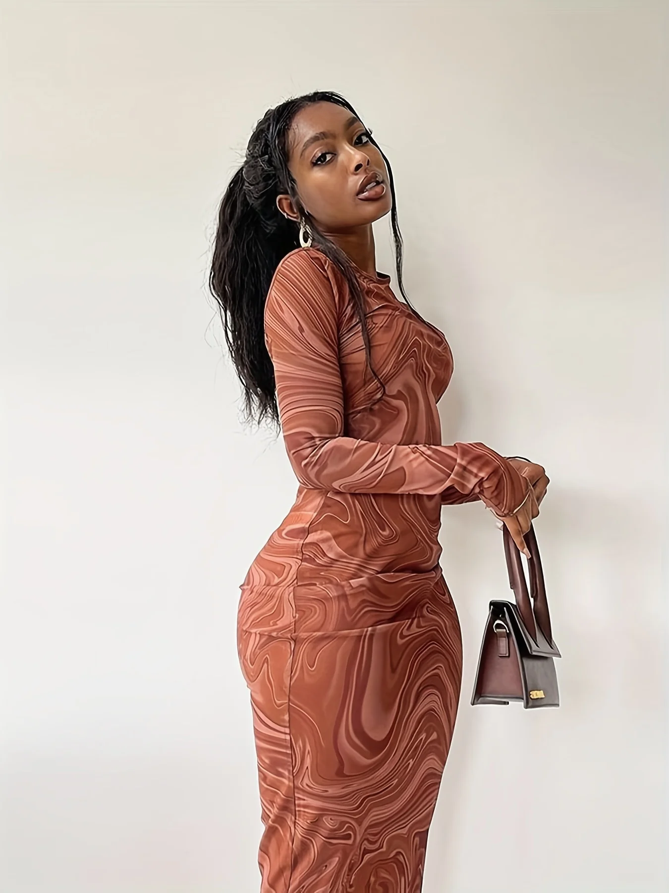 Abstract Ripple Print Dress, Sexy Mock Neck Long Sleeve Dress, Women's Clothing - Deanwangkt