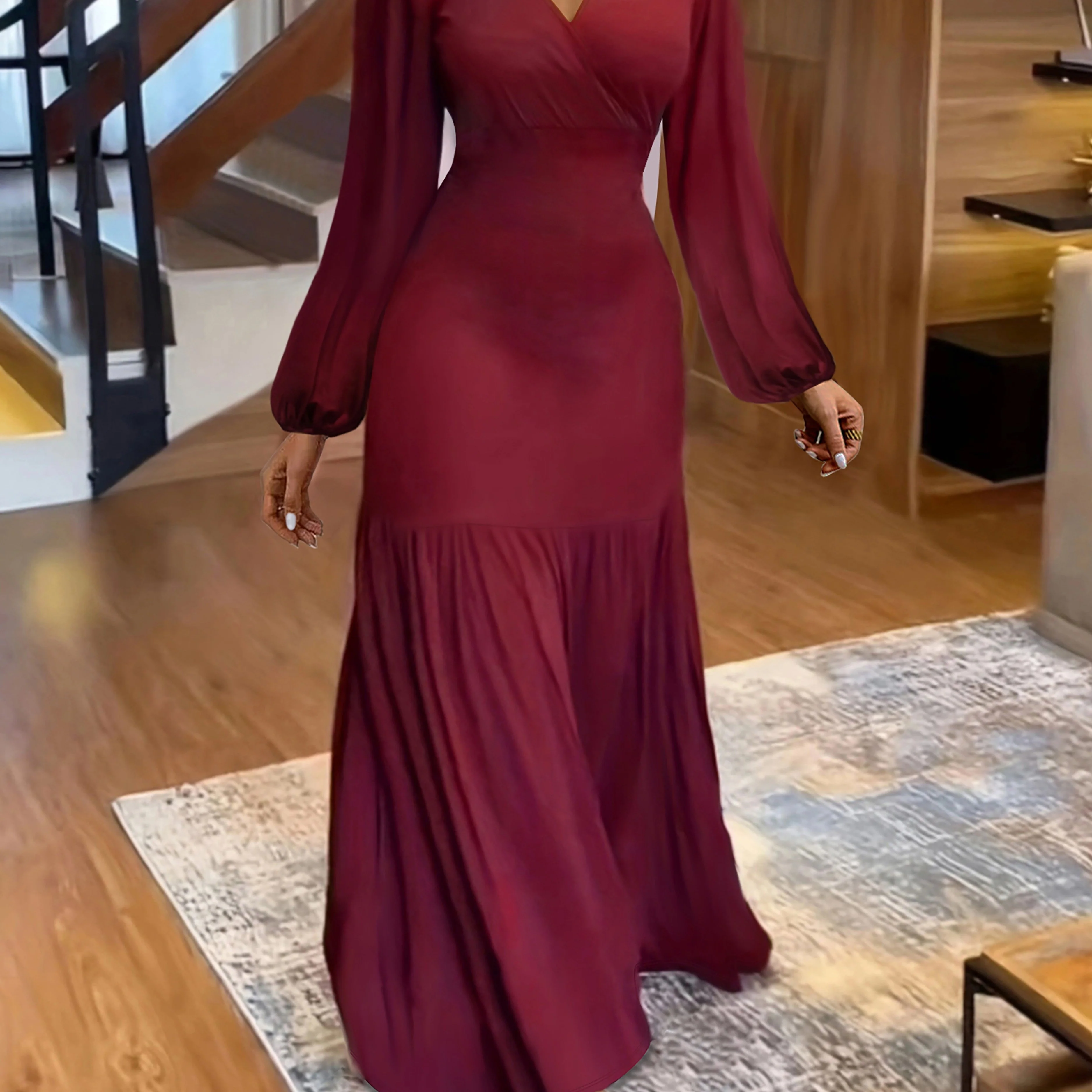 Ruched Solid Dress, Elegant V Neck Lantern Long Sleeve Maxi Party Dress, Women's Clothing - Deanwangkt