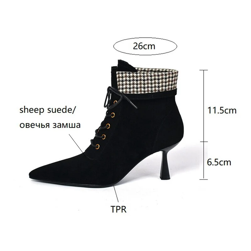 deanwangkt Autumn Boots   NEW Fall Shoes Women Pointed Toe High Heel Shoes Sheep Suede Thin Heel Shoes Plaid Ankle Boots Women Mature Lace-up Modern Boots - Deanwangkt