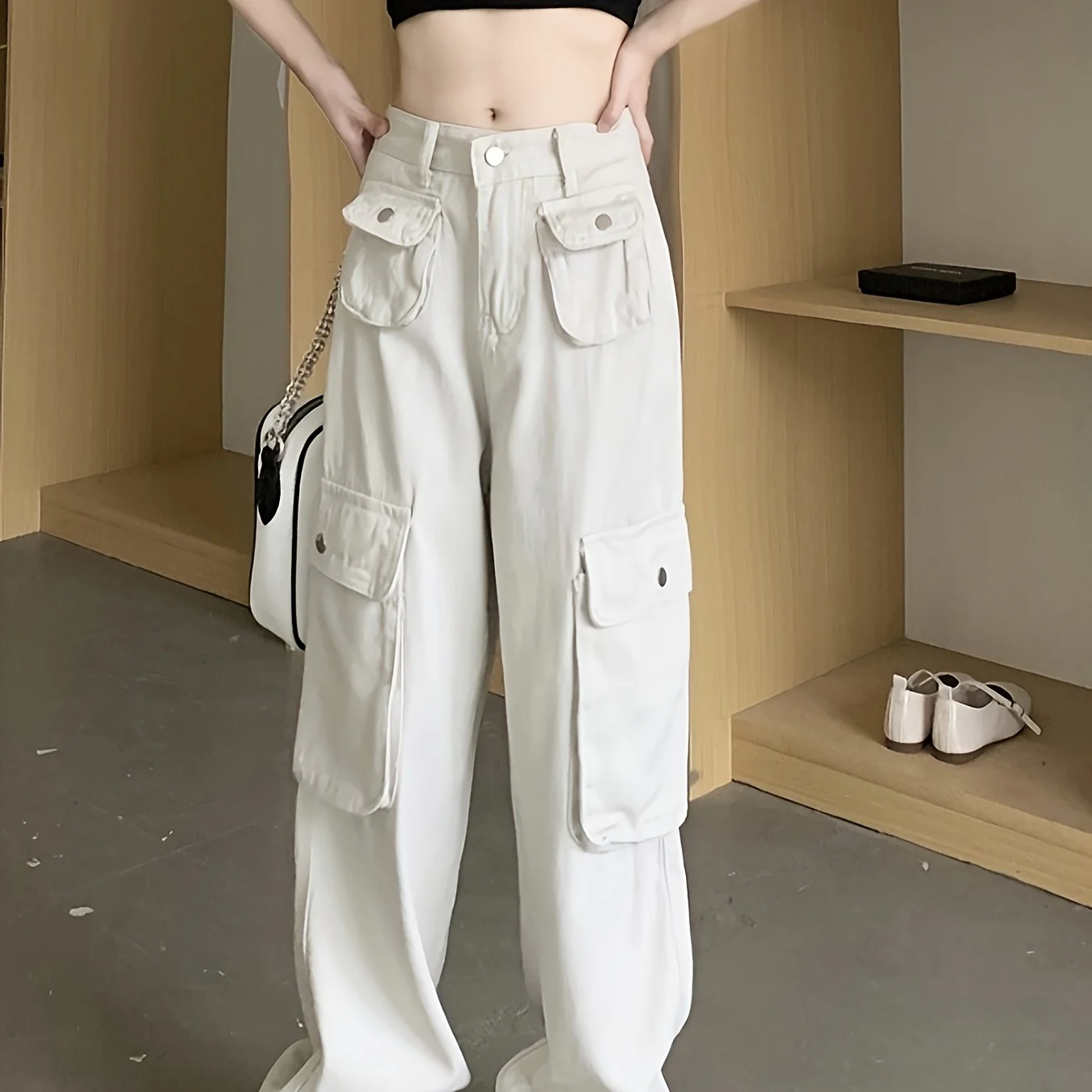 deanwangkt  Flap Pockets Chic Cargo Pants, Loose Fit Y2K & Kpop Style Straight Jeans, Women's Denim Jeans & Clothing - Deanwangkt
