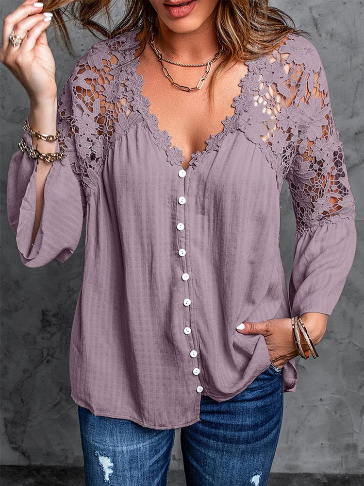 deanwangkt Lace Blusas Summer Top Female Women Shirts Women's White Shirt Blouses Tops Flare Long Sleeve Chic Hollow Out Woman Blouse - Deanwangkt