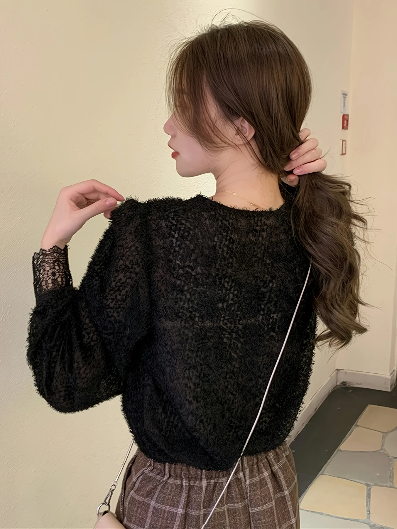 deanwangkt  Contrast Lace V Neck Blouse, Casual Long Sleeve Blouse For Spring & Fall, Women's Clothing - Deanwangkt