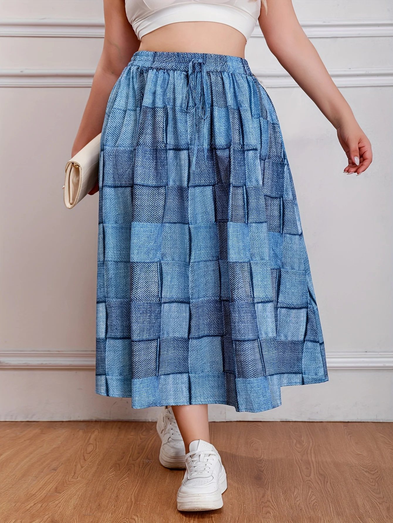 Plus Size Casual Skirt, Women's Plus Colorblock Denim Print Drawstring Elastic High Rise Slight Stretch Smock Maxi Skirt - Deanwangkt