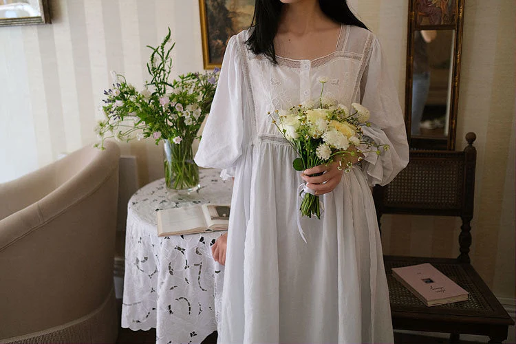 Hanxiuju Delicate Vintage Embroidery Cotton Women's Long Nightgowns Luxury Sleepwear Elegant Loose Nighty Spring Autumn Dress - Deanwangkt