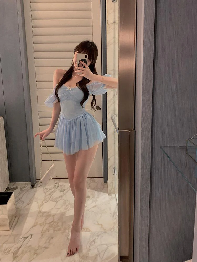 deanwangkt Fairy Dress Korean Party Mini Sexy Dress Female Summer High Waist Elegant Kawaii Dress Female Short Sleeve Design Sweet Casual Dress - Deanwangkt