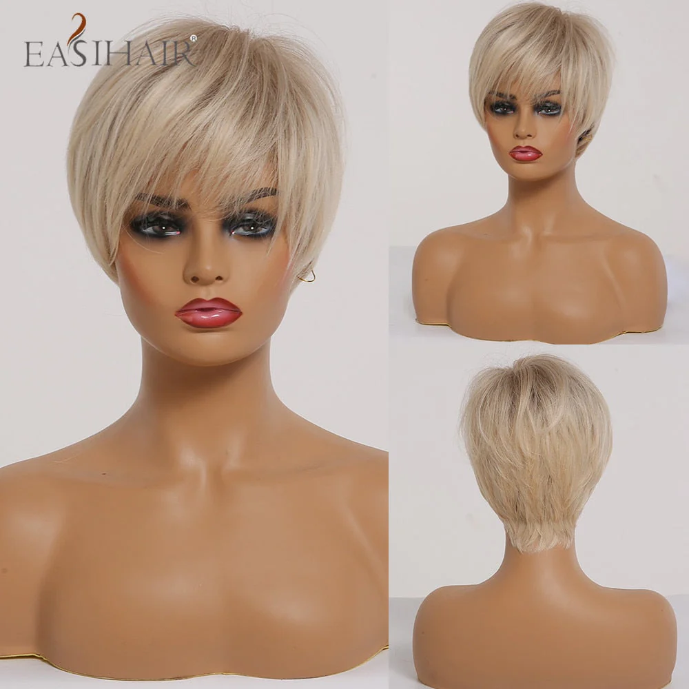 deanwangkt  Short Hair Wig With Bangs Pixie Cut Ombre Black Ash Light Blonde Synthetic Wigs For Women Cosplay Wigs Heat Resistant - Deanwangkt