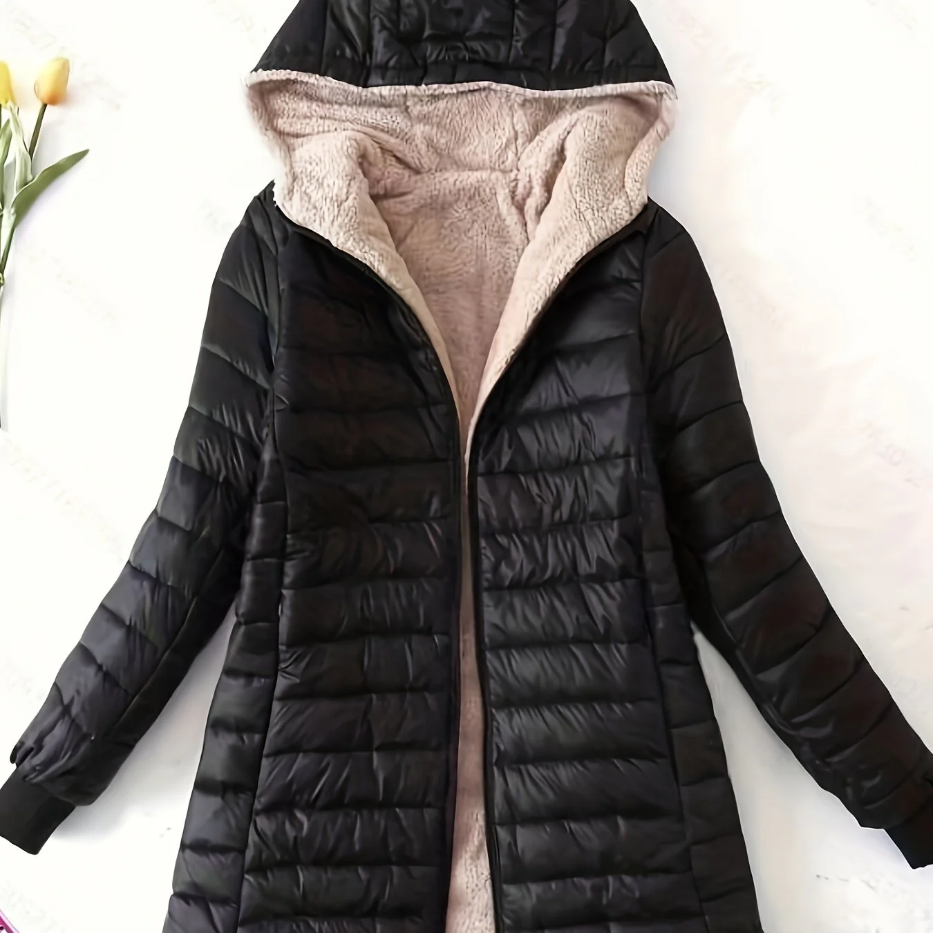 deanwangkt Zip Up Solid Hooded Coat, Casual Long Sleeve Winter Warm Outerwear, Women's Clothing - Deanwangkt