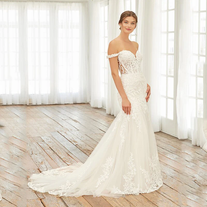 deanwangkt  Off the Shoulder Sweetheart Mermaid Applique Lace Wedding Dresses Trumpet Beach Bridal Gown Brautkleider Bride Vestidos De Novia - Deanwangkt