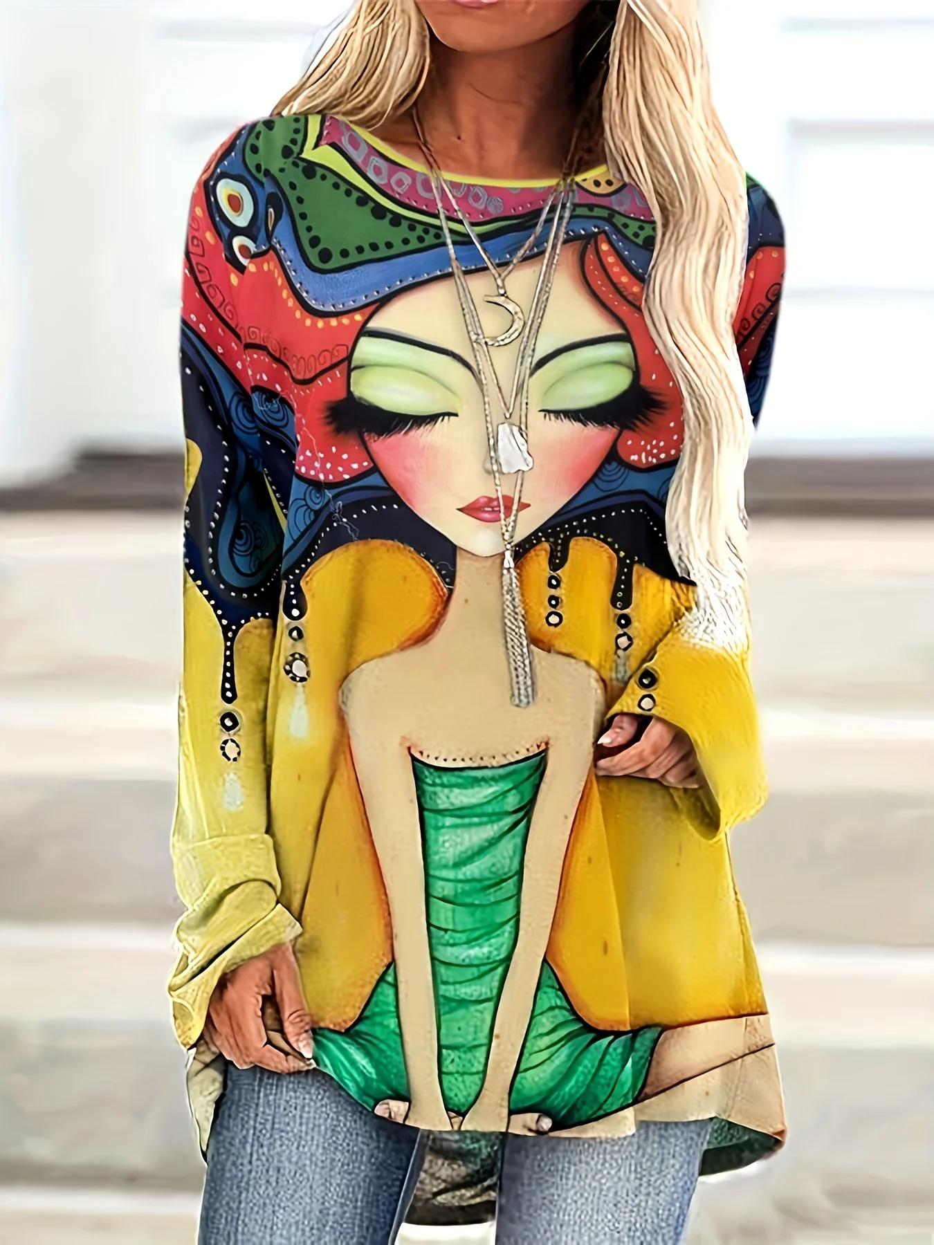 Plus Size Casual Top, Women's Plus Cartoon Figure Print Long Sleeve Round Neck Slight Stretch Top - Deanwangkt