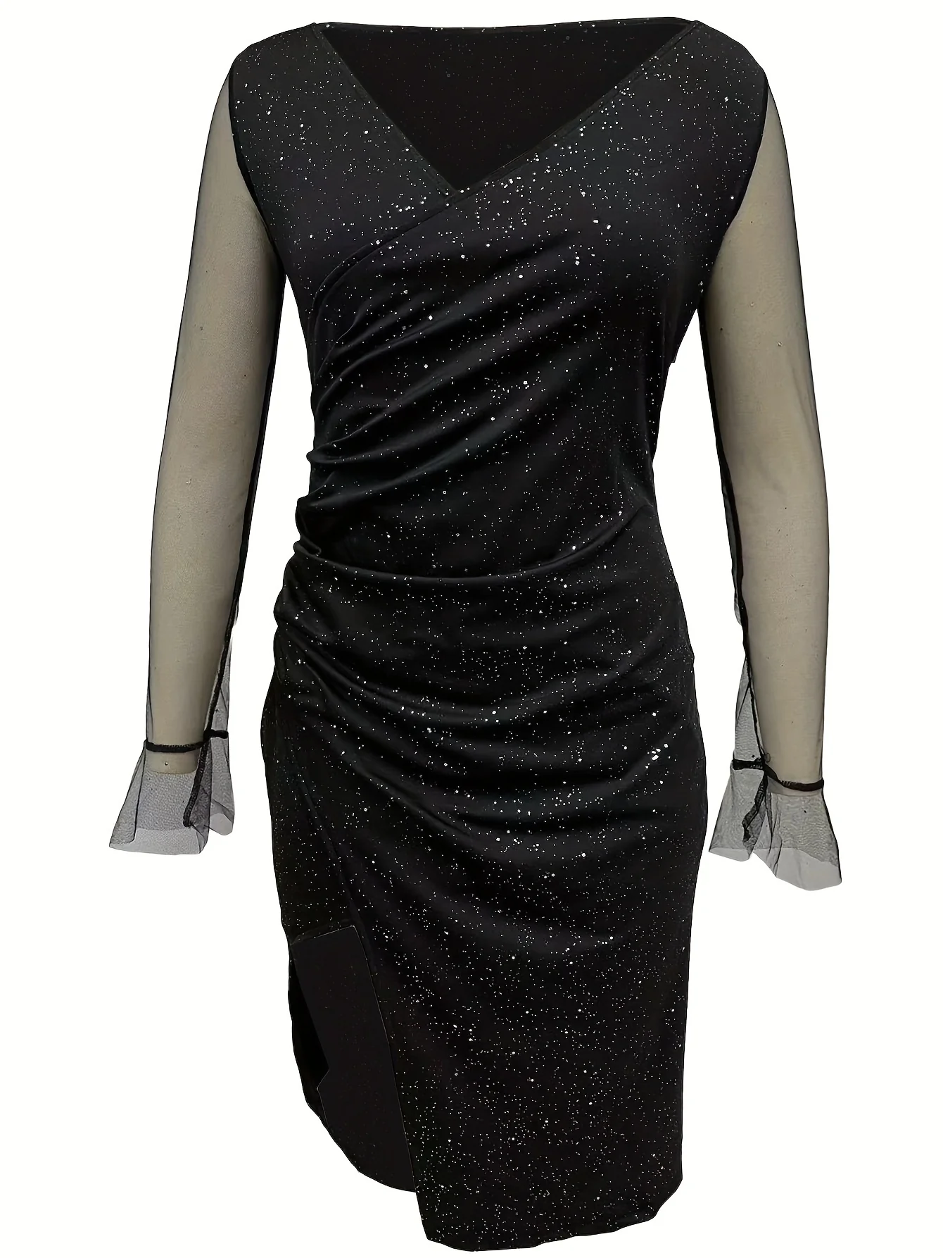 Contrast Mesh Solid Dress, Sexy Surplice Neck Long Sleeve Dress, Women's Clothing - Deanwangkt