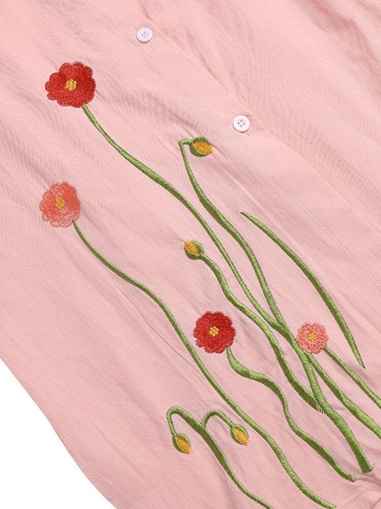 deanwangkt Women Flowers Embroidery Plain Lapel Long Sleeve Side Split Casual Blouse - Deanwangkt