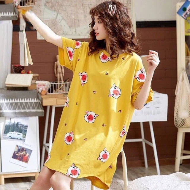 deanwangkt  Women Short Sleeve Sleepwear Cotton Night Gowns Summer Cartoon Nightgowns Home Wear Girls Sleep Lounge Sleeping Dress - Deanwangkt