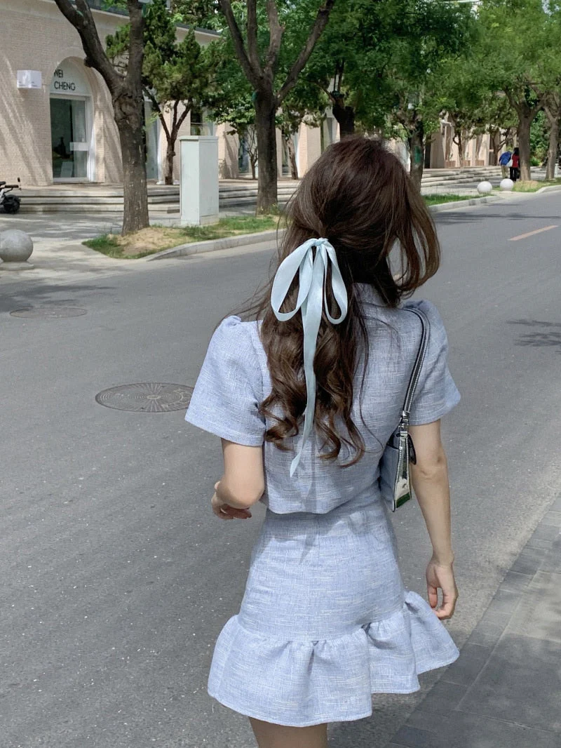 deanwangkt High Quality New Summer Fashion Korean Sweet Elegant 2 Piece Set Women Crop Top Shirt Blouse Mini Skirt Suits Two Piece Outfits - Deanwangkt