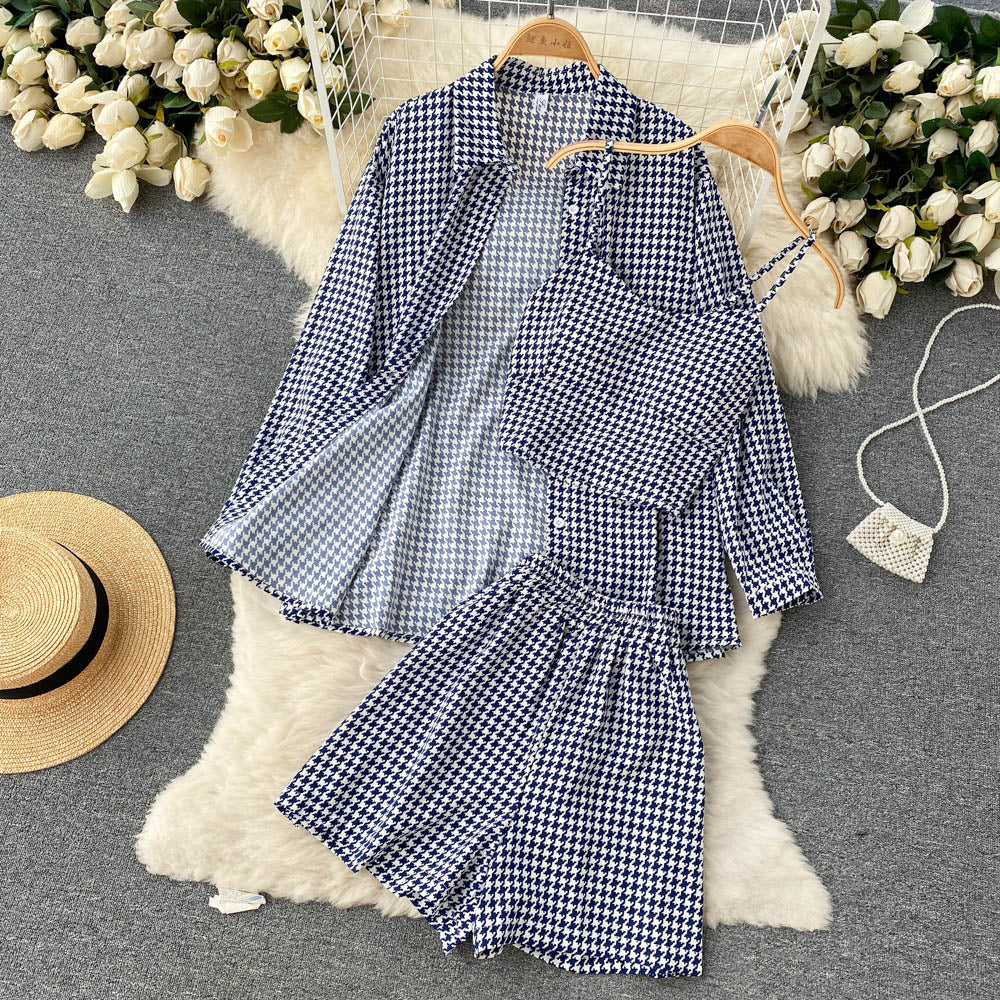 deanwangkt Women 3 Pieces Set Houndstooth Plain Green/Black/Orange Turn-Down Collar Single Breasted Blouse + Strap Camis + Shorts Suits New - Deanwangkt