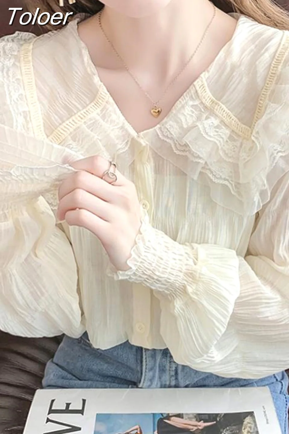 deanwangkt Blouse for Women Sweet Peter Pan Collar Long Sleeve White Shirts Lace Ruffles Chiffon Tops  Blusas Mujer De Moda - Deanwangkt