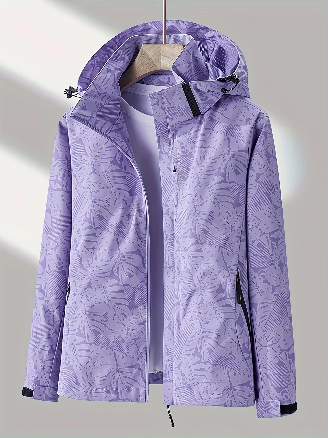 Leaf Print Outdoor Jacket With Removable Hood, Women's Windproof & Rainproof Jacket, Women's Outdoor Clothing - Deanwangkt