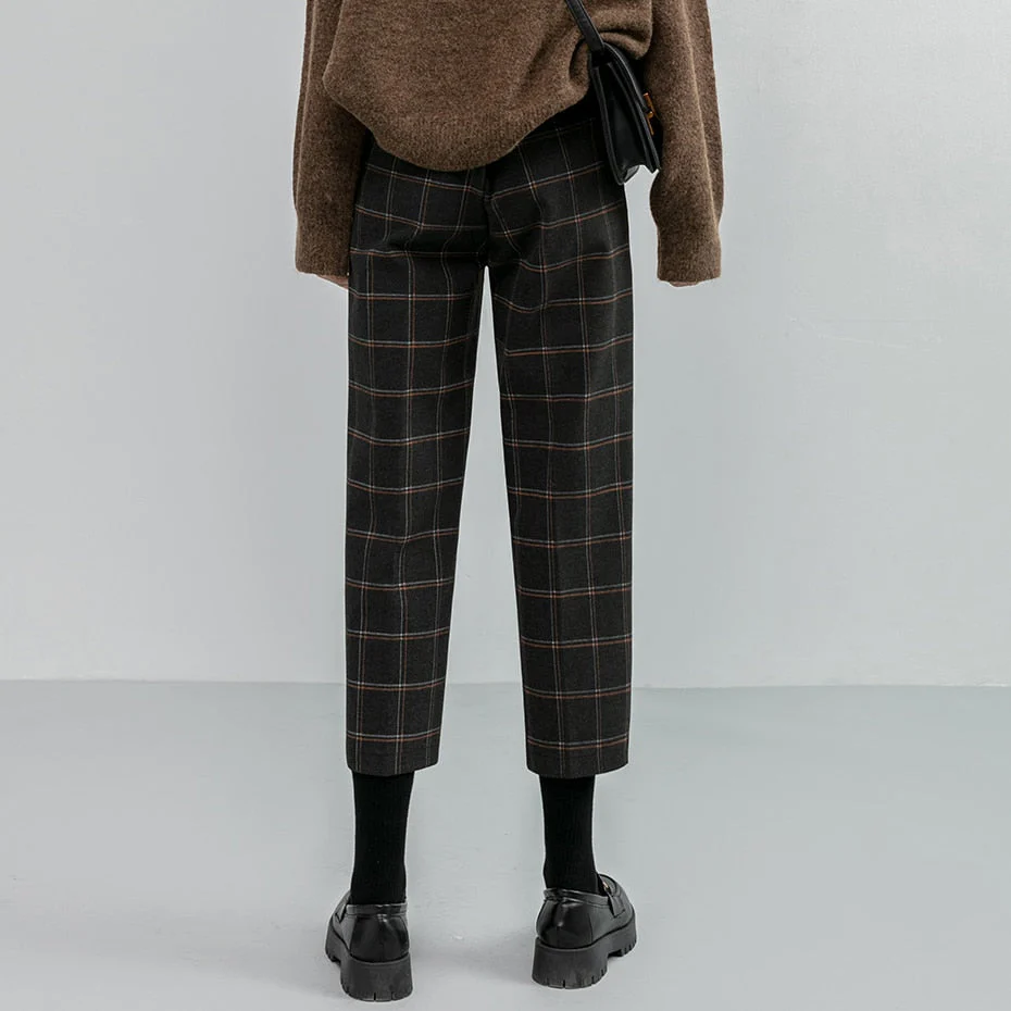 Amozae  Graduation Gifts Chic Woolen Plaid Autumn Winter Women's High Waist Formal Straight Pants Loose Ankle-Length Pants Female Boots Pants Plus Size - Deanwangkt