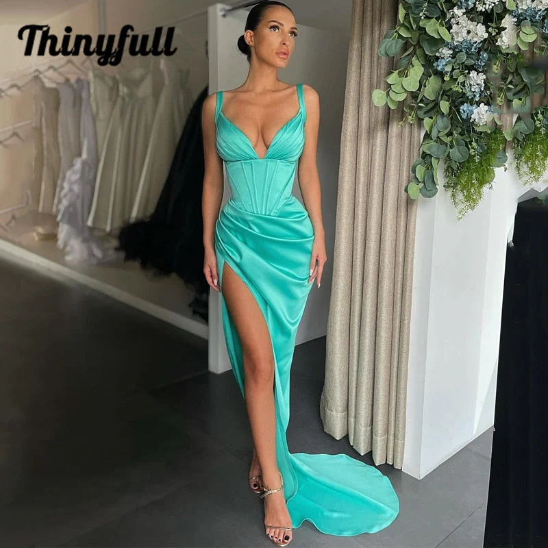Graduation dress Sexy Prom Dresses  V-neck Satin High Split Evening Dress Saudi Arabia Mermaid Sleeveless Long Cocktail Party Gown - Deanwangkt