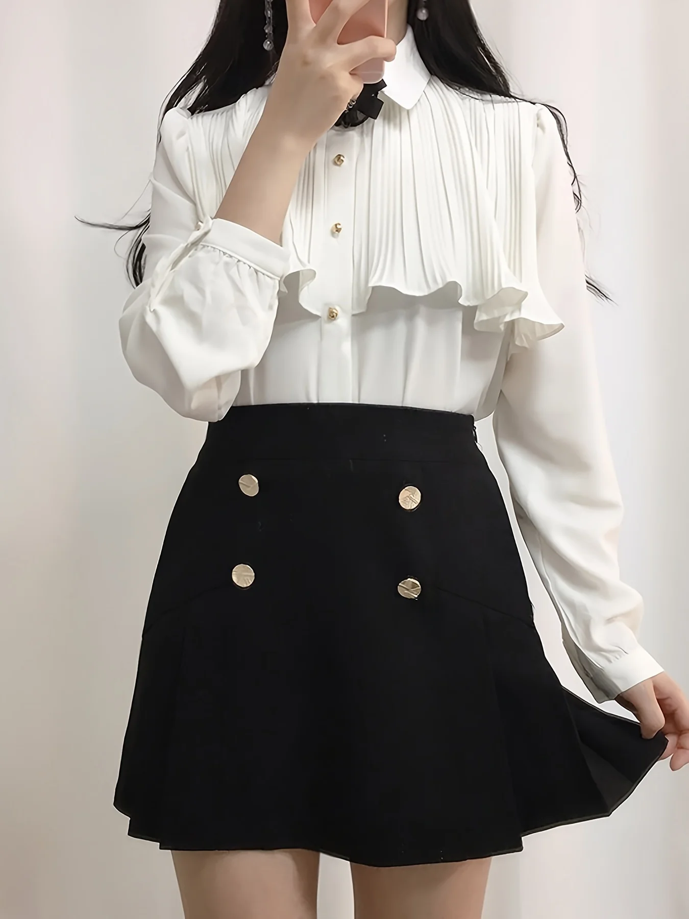 deanwangkt Solid Single Button Ruffle Trim Blouse, Sweet Long Sleeve Blouse For Spring & Fall, Women's Clothing - Deanwangkt