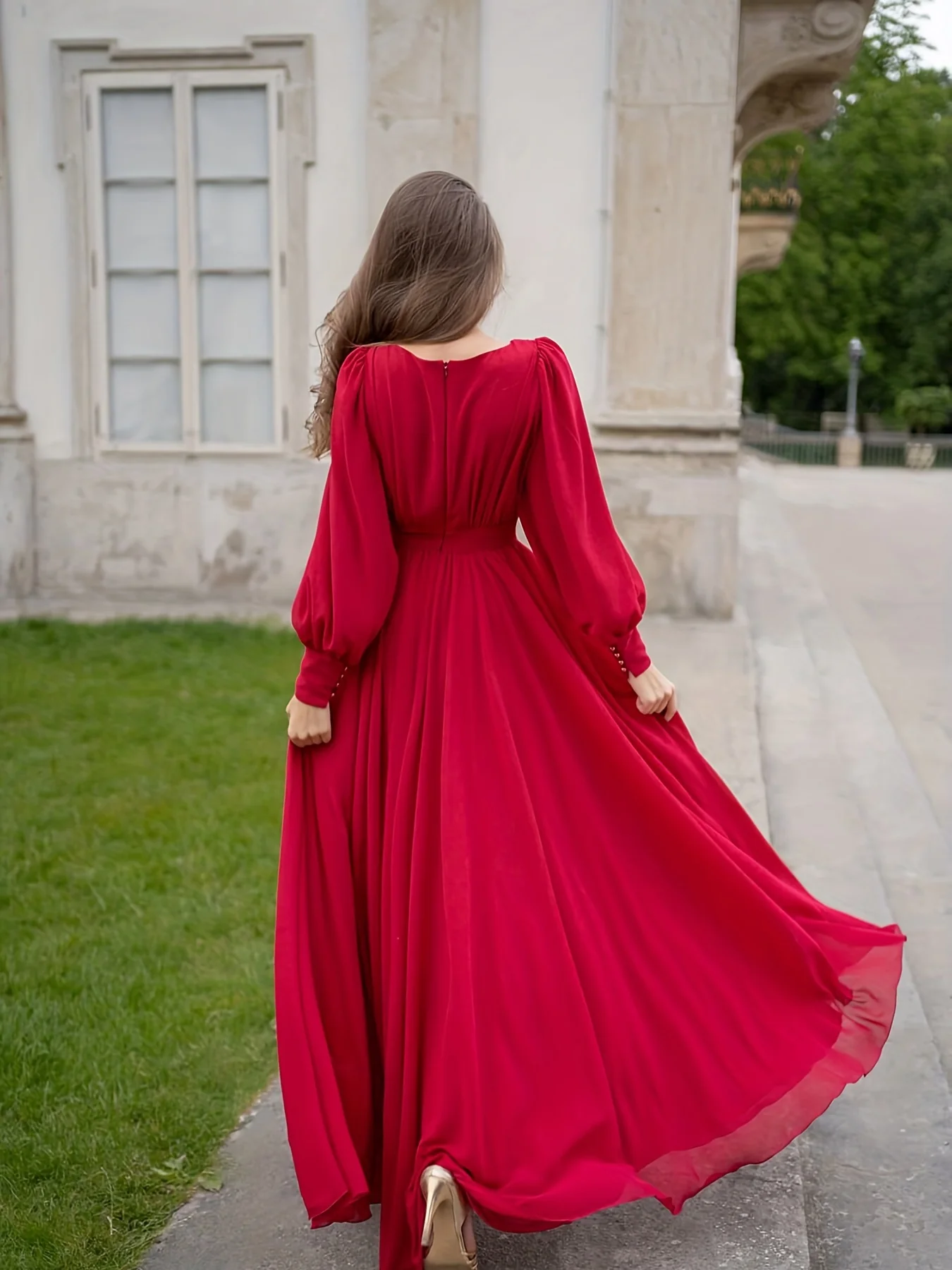 Ruched Plunging Solid Dress, Party Wear Long Sleeve Maxi Dress, Women's Clothing - Deanwangkt