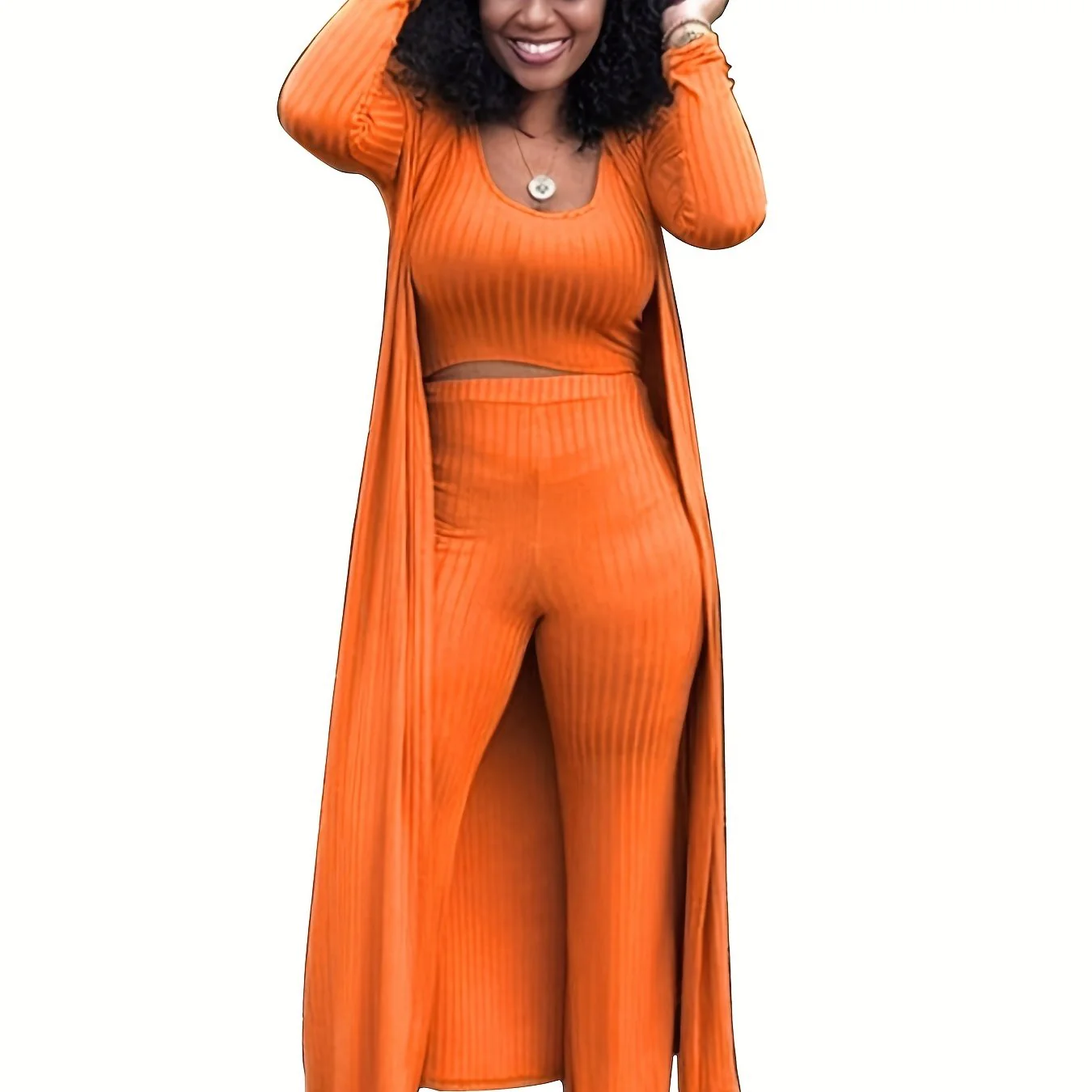 deanwangkt-1  Solid Rib Knit 3 Pieces Set, Open Front Long Length Cardigan & Bodycon Scoop Neck Tank Top & High Waist Draped Pants Outfits, Women's Clothing - Deanwangkt