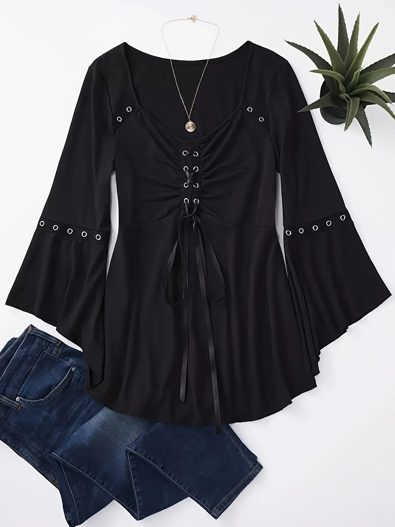 deanwangkt-1 Tie Front V Neck T-Shirt, Casual 3/4 Sleeve Top For Spring & Fall, Women's Clothing - Deanwangkt