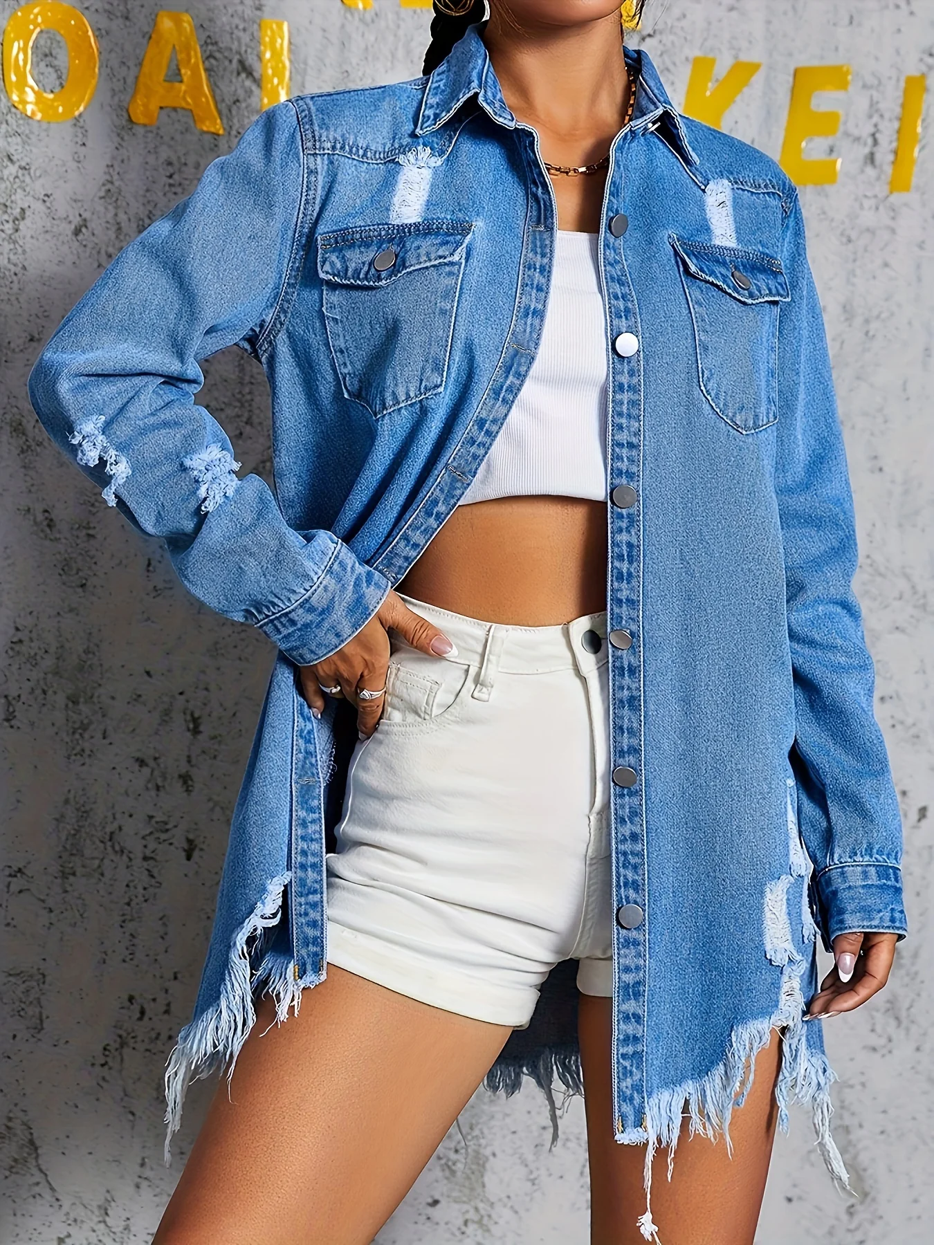 deanwangkt-1  Blue Ripped Holes Denim Jackets, Frayed Hem Long Sleeves Non-Stretch Casual Denim Coats, Women's Denim Clothing - Deanwangkt