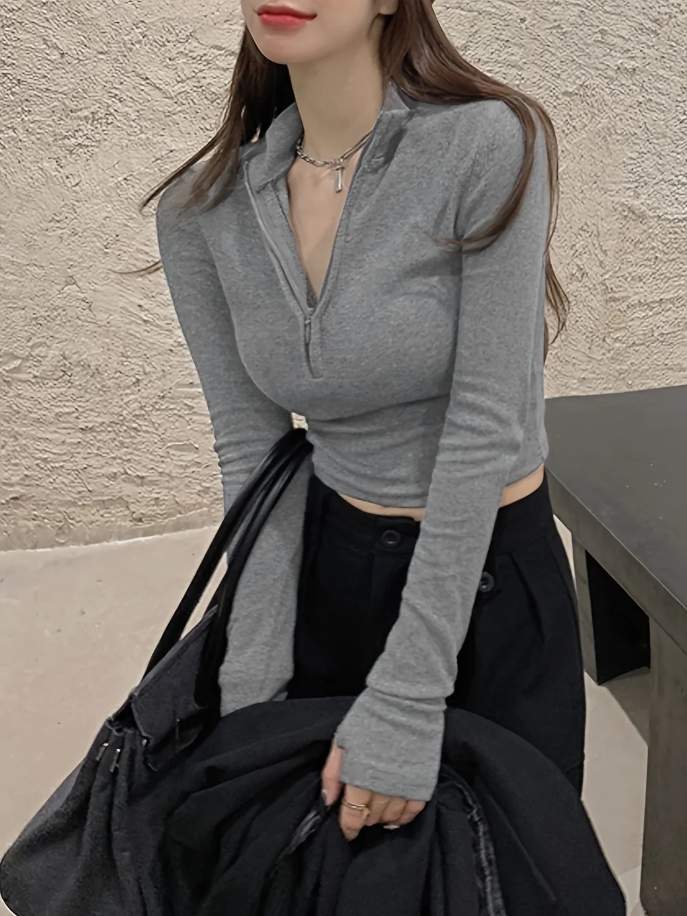 deanwangkt  Solid Zipper Slim T-Shirt, Casual Long Sleeve T-Shirt For Spring & Fall, Women's Clothing - Deanwangkt