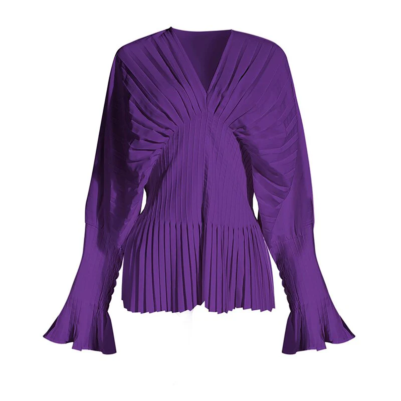 deanwangkt Elegant Women Shirt V Neck Flare Long Sleeve High Wiast Pleated Blouses For Female Clothes Fashion  Spring New - Deanwangkt