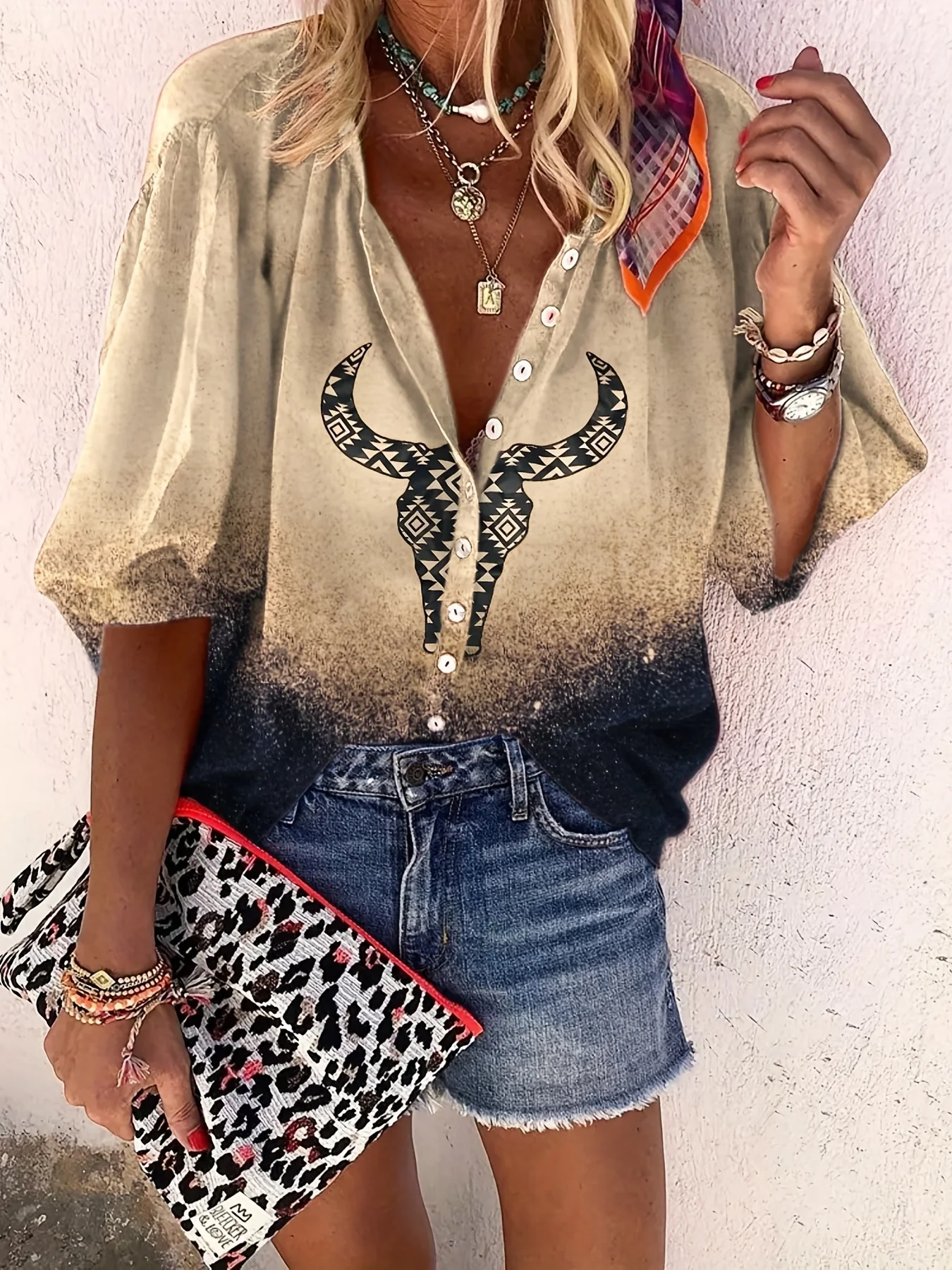 Western Geo Print Blouse, Casual Button V Neck 3/4 Sleeve Blouse For Spring & Summer, Women's Clothing - Deanwangkt