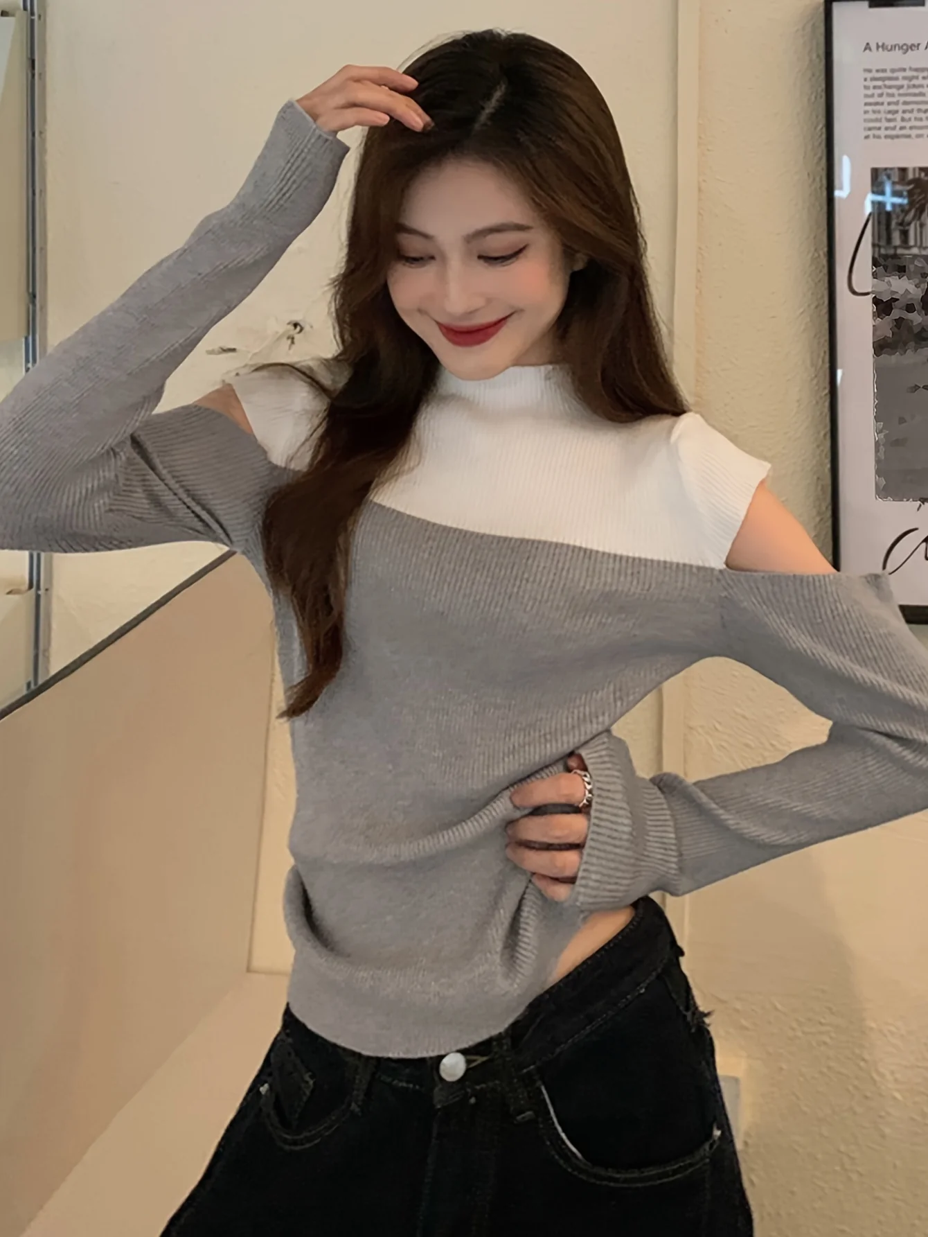 deanwangkt  Color Block Mock Neck Pullover Sweater, Casual Cold Shoulder Long Sleeve Stylish Sweater, Women's Clothing - Deanwangkt