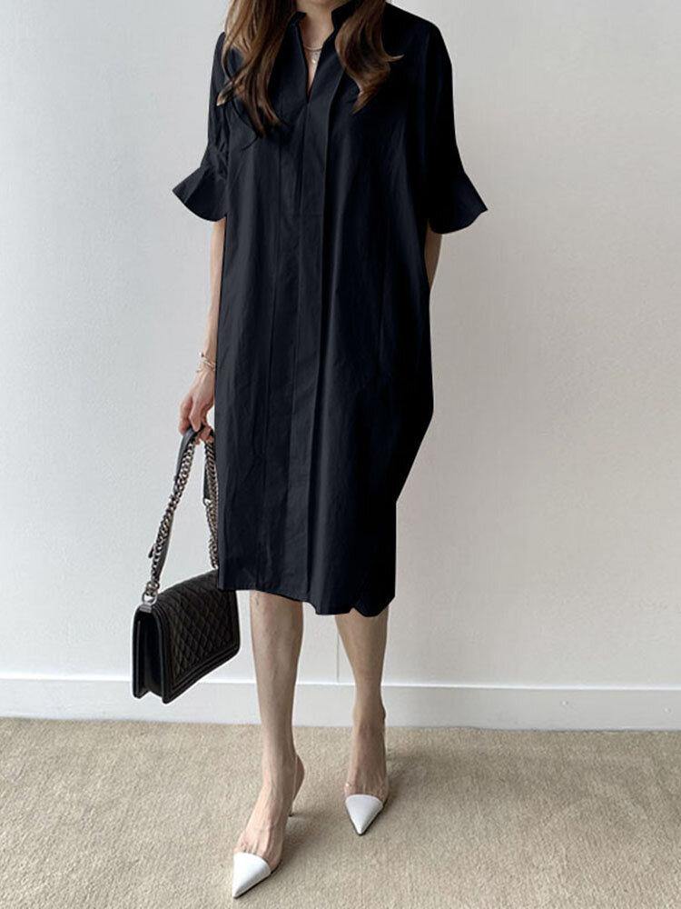 deanwangkt Casual Plain Lapel Button Half Sleeve Side Pocket Shirt Dress - Deanwangkt