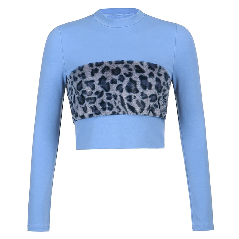 deanwangkt Patchwork Leopard Furry Long Sleeve T-shirt Autumn Casual Korean Basic Crop Top T Shirt Women 90s Blue Black Tees Y2K aesthetic - Deanwangkt