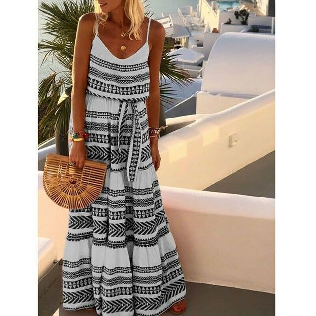 Women Summer Boho Long Maxi Dress Lady Holiday Beachwear Swing Sundress Strappy Loose Dresses - Deanwangkt