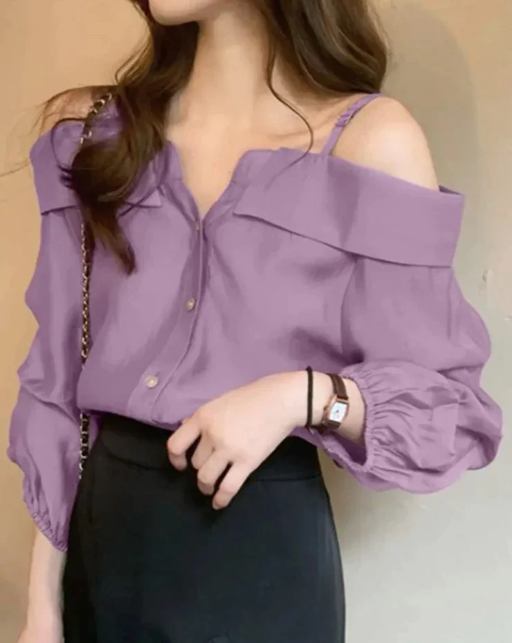 deanwangkt Fashion Shirts Women Sexy Off Shoulder Blouse Summer Casual Straps Button Tops Long Sleeve Pleated Solid Loose Tunic - Deanwangkt