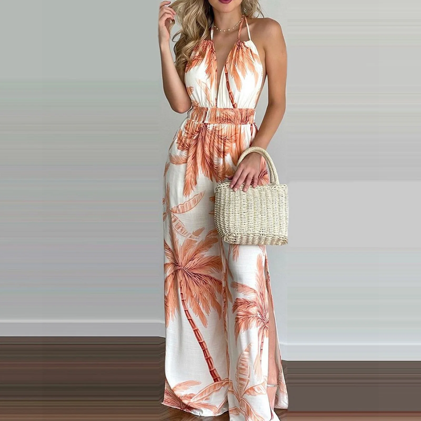deanwangkt Sexy Off Shoulder Spaghetti Strap Jumpsuit Woman Flower Print Backless Long Wide Leg Jumpsuits For Women One Piece Rompers - Deanwangkt