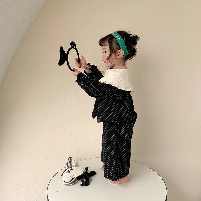deanwangkt  Spring cute baby girl polka dot black outfits Girls fashion big turn-down collar shirt and wide leg pants 2pcs sets Kids clothes - Deanwangkt